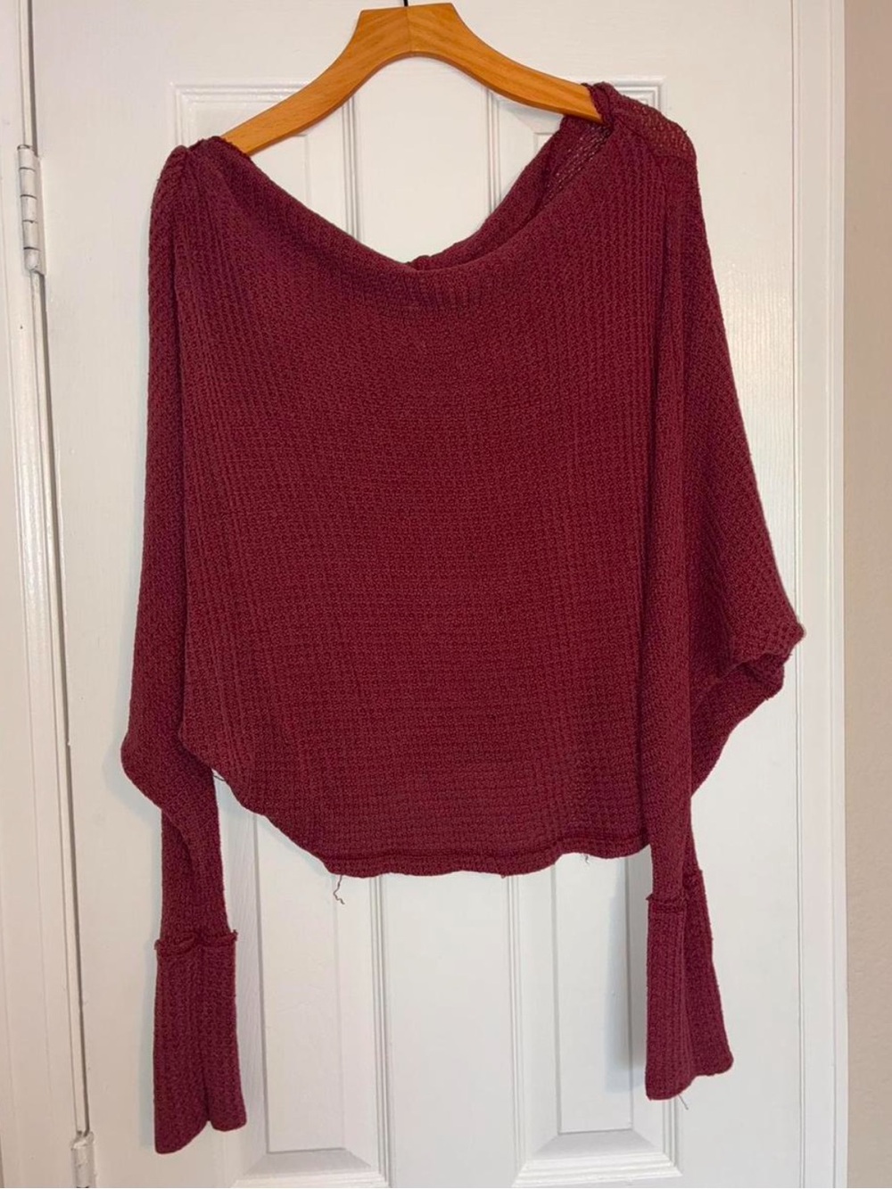 Free People Off-the-Shoulder Burgundy Waffle Knit Sweater